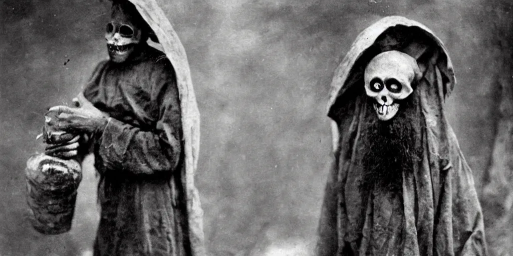 Image similar to hermit wearing a scary painted mask, 1900s picture