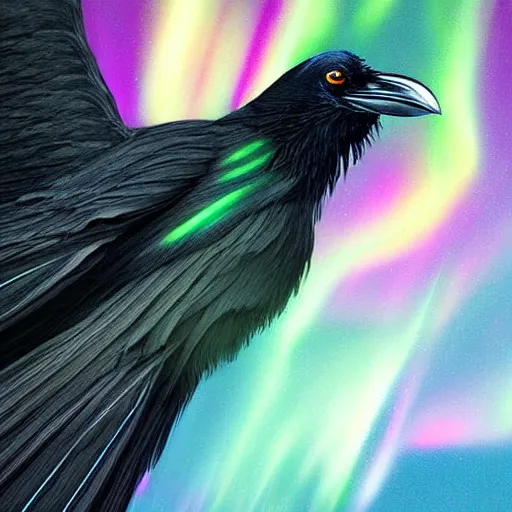 Prompt: detailed digital art, realistic, raven flying through the dark night with a mysterious aurora borealis, by naomi chen, cgsociety