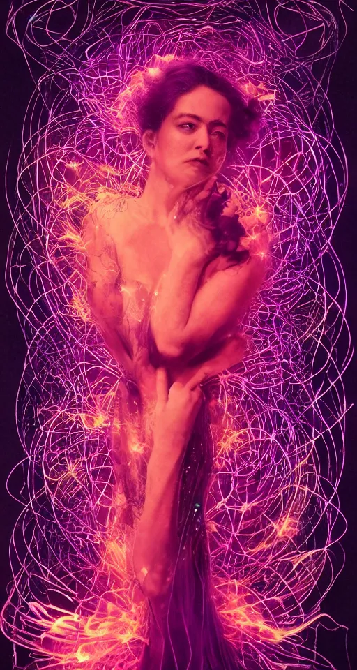 Prompt: she dreams of arcs of purple flame intertwined with glowing sparks, glinting particles of ice, dramatic lighting, steampunk, bright neon, secret holographic cyphers, red flowers, solar flares, high contrast, smooth, sharp focus, art nouveau, intricate art by Annie Liebowitz