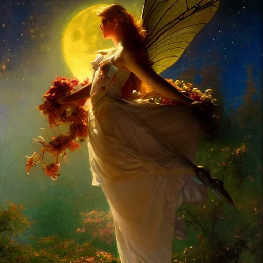 Image similar to attractive fairy magically floating high in the night, fantasy, full moon in background. highly detailed painting by gaston bussiere, craig mullins, j. c. leyendecker, sharp focus, 8 k