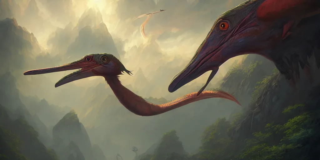 Image similar to ultra realistic colorful pterodactylus beautiful dreamy landscape, dream, colors, highly detailed, artgerm style, clear, ocatne render, artstation trend, epic art style, greg rutkowski, cinematic, concept art, 8 k hd