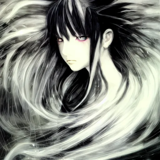 Image similar to Yoshitaka Amano blurred and dreamy illustration of an anime girl with black eyes, wavy white hair and cracks on her face wearing elden ring armour with the cape fluttering in the wind, abstract black and white patterns on the background, noisy film grain effect, highly detailed, Renaissance oil painting, weird portrait angle