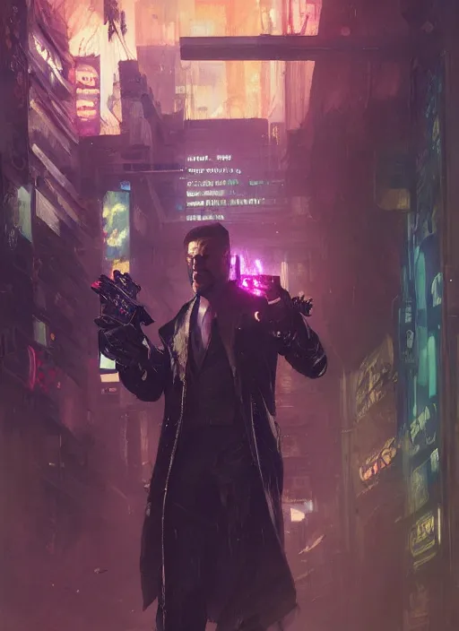 Prompt: donald trump kingpin. cyberpunk assassin in tactical gear. blade runner 2 0 4 9 concept painting. epic painting by craig mullins and alphonso mucha. artstationhq. painting with vivid color. ( rb 6 s, cyberpunk 2 0 7 7, matrix )