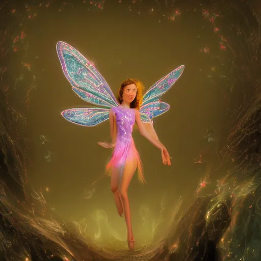 Image similar to fairy flies through a dark room, by alex flores, digital art, 8 k