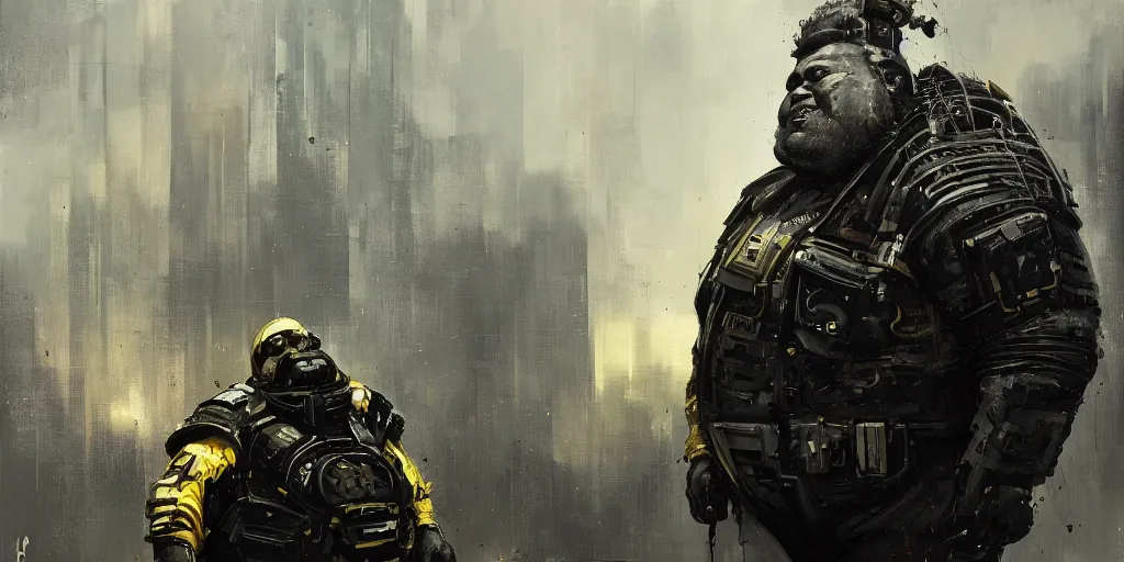 Prompt: portrait of a fat man sci fi soldier ranger, brutalist city architecture, dark epic, black and gold, cables and wires, high details, ceremonial clouds, dripping paint, fibonacci rhythm, artstation, art germ, wlop, pablo dominguez, sabbas apterus, award - winning, artstation