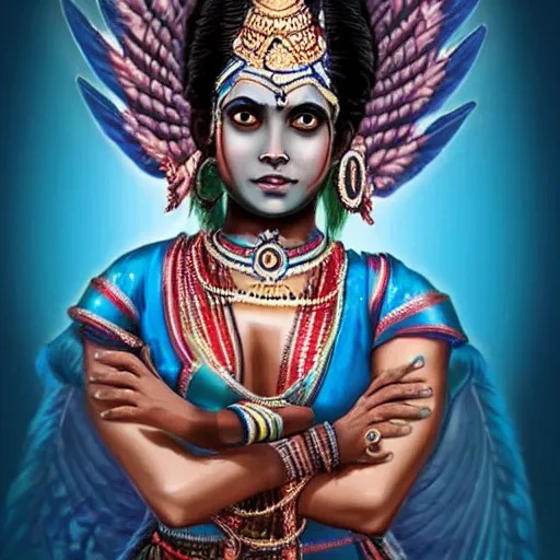 Image similar to blue - skinned indian goddess with six arms, symmetric, aesthetic!!!, cosplay, studio lighting, beautiful symmetric face, clean composition, highly symmetric body parts, gazing eyes