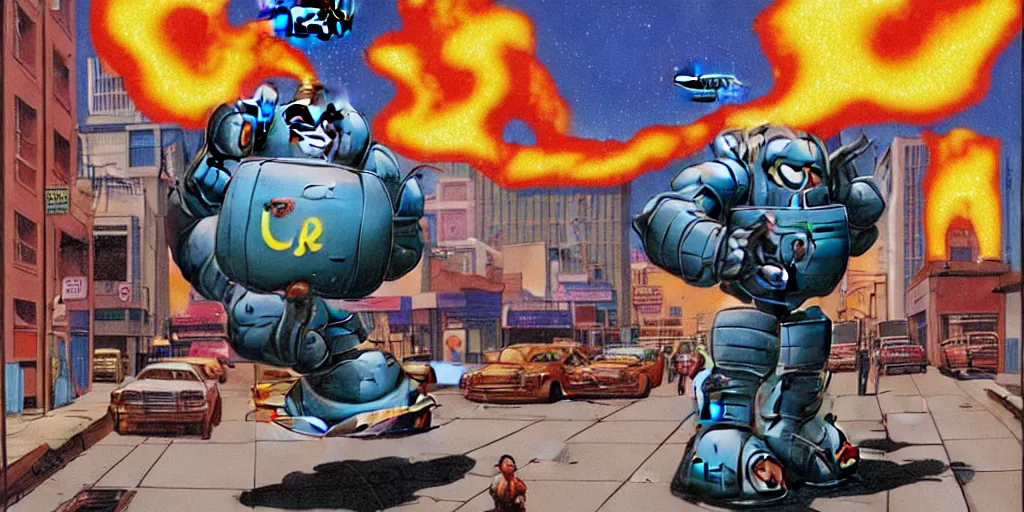 Prompt: Giant robot walking down a street while eating a massive glazed donut with sprinkles almost as big as the robot, one of the buildings is on fire and smoking and a crushed car is under the foot of the giant robot by Richard Corben