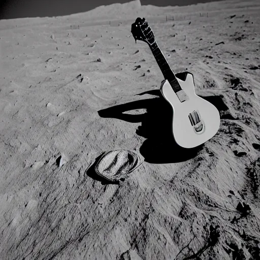 Image similar to photo of an idle electric guitar and a beer can sitting on the moon surface. atompunk