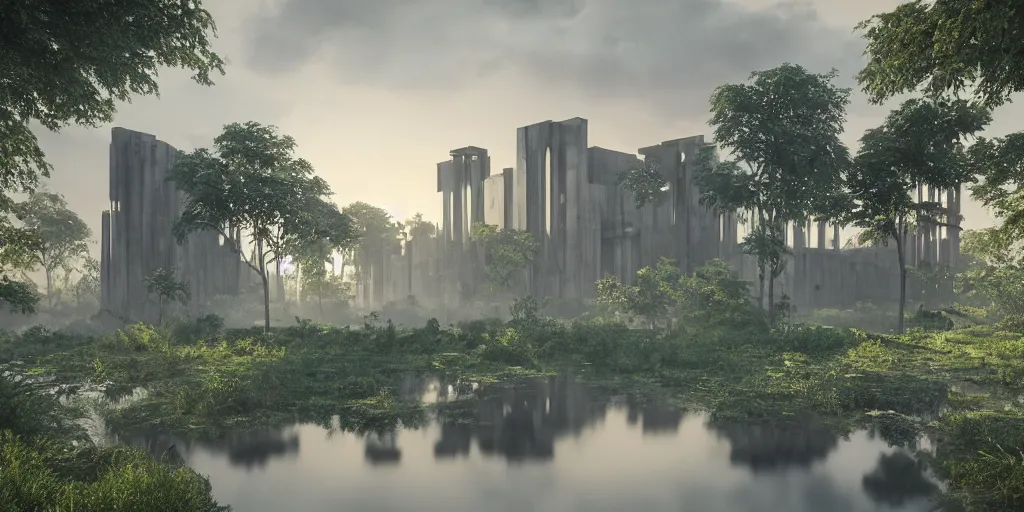 Image similar to a stunningly detailed cathedral of brutalist architecture, surrounded by lush green forest, ponds of water, stunning volumetric lighting, sunset, metal, concrete, stunning skies, trending on Artstation, 8k, photorealistic, hyper detailed, unreal engine 5, IMAX quality, cinematic, epic lighting, in the style of Greg Rutkowski