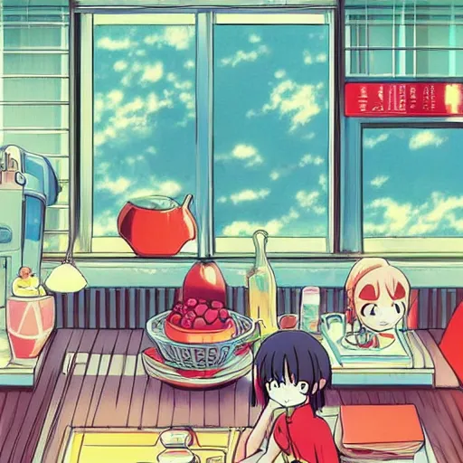 Image similar to breakfast, rainy day, anime, ghibli, 9 0 s, retro style, aesthetic, chill, room