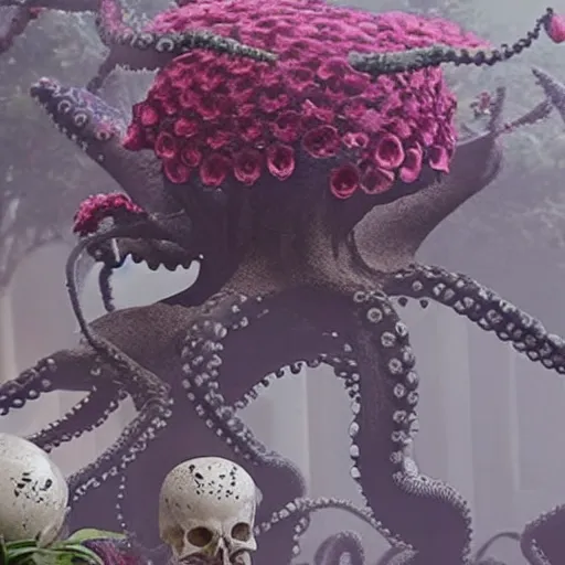 Prompt: an octopus in the shape of a skull surrounded by flowers at midnight, foggy cinematic shot photo still from movie by denis villeneuve, wayne barlowe