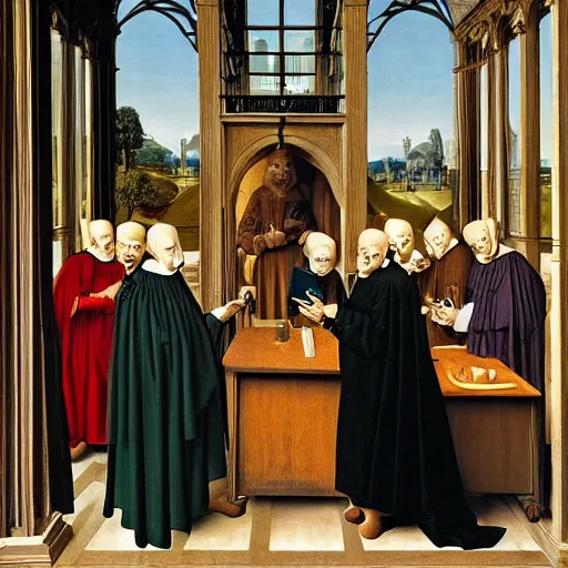 Prompt: A group of people on their smartphones, clearly-defined smartphone, in the style of Jan van Eyck