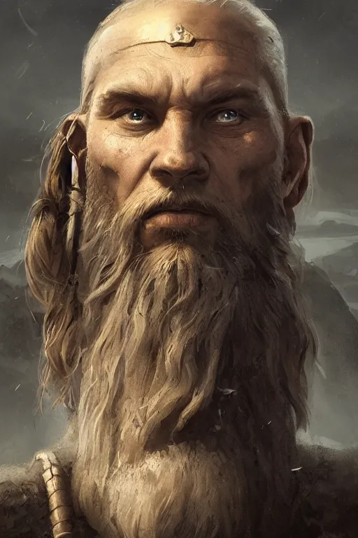 Prompt: portrait, face of a old viking King, face portrait, raphael lacoste, eddie mendoza, alex ross, concept art, matte painting, highly detailed, rule of thirds, dynamic lighting, cinematic, detailed, denoised, centerd