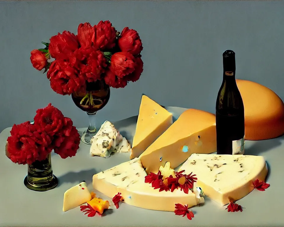 Image similar to an achingly beautiful still life featuring blooming flowers, wheels of cheese, and red wine by Raphael, Hopper, and Rene Magritte. detailed, romantic, studio lighting, enchanting, trending on artstation.