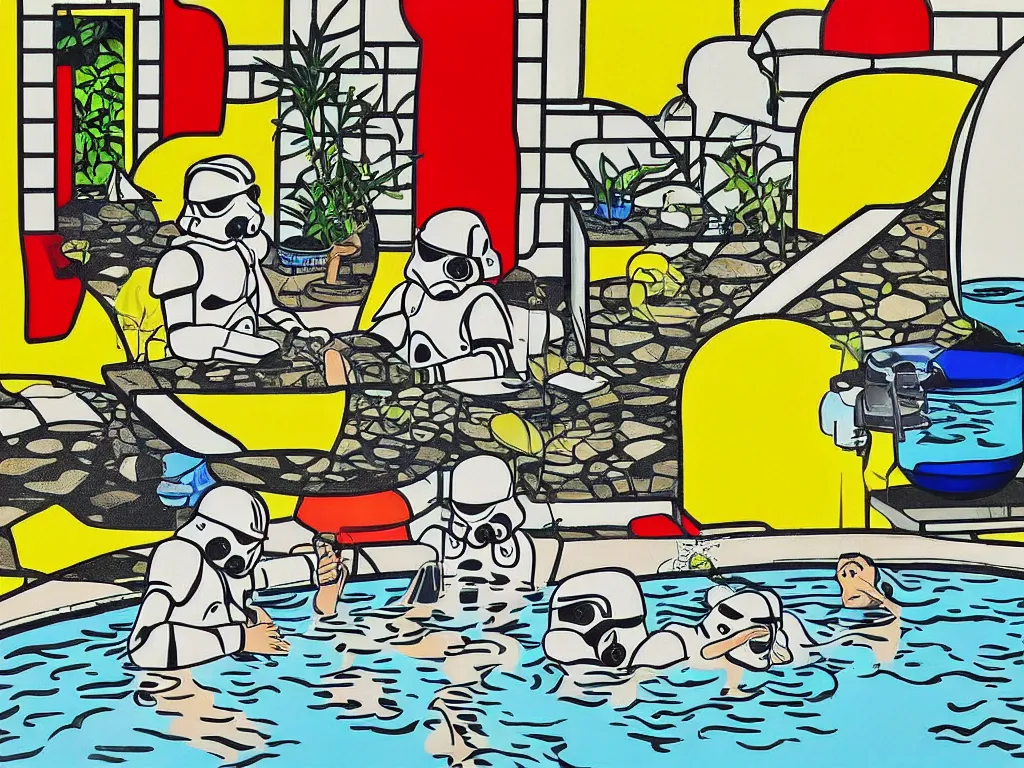 Image similar to hyperrealism composition of the japanese house with a hot springs in the garden, two detailed stormtroopers bathe in a hot spring, pop - art style, jacky tsai style, andy warhol style, roy lichtenstein style, round canvas, acrylic on canvas