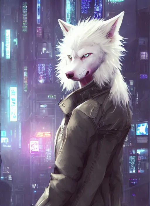 Prompt: character portrait of a male anthro albino wolf fursona with a tail and a cute beautiful attractive detailed furry face wearing stylish cyberpunk clothes in a cyberpunk city at night while it rains. hidari, color page, tankoban, 4K, tone mapping, Akihiko Yoshida. Nomax, Kenket, Rukis.