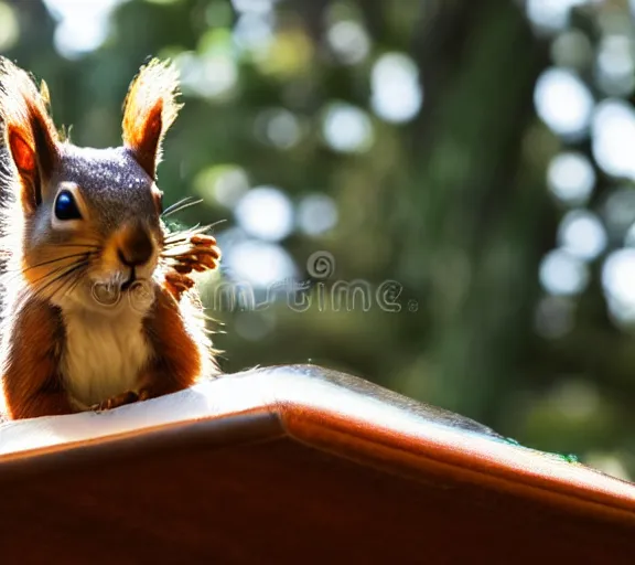 Prompt: a squirrel doing his taxes, 4 k, stock photography, sunlight coming through a window, very detailed,