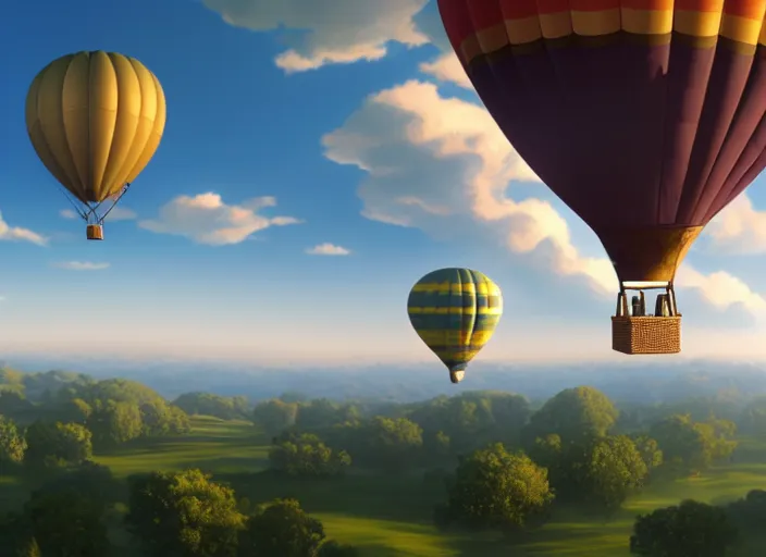 Prompt: a beautiful 3 d render of a hot air balloon flying through puffy white clouds, epic composition, rendered in arnold, by thomas kinkade, raphael lacoste, makoto shinkai, expansive view, rule of thirds golden ratio clean, light effect, 8 k, maya renderer, unreal engine