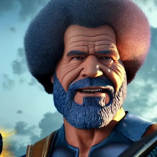 Prompt: bob ross as thanos, movie still, cinematic lighting