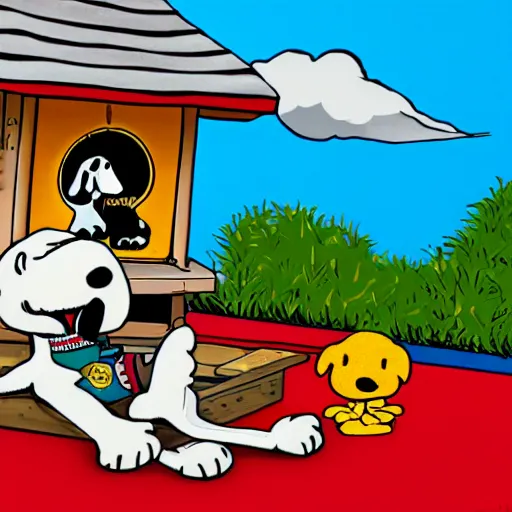 Prompt: snoop dog lying on top of snoopy's dog house, high detail