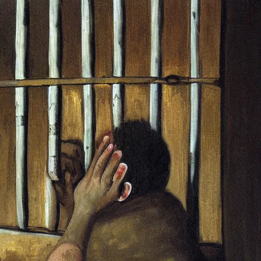 Image similar to a screaming prisoner holding prison bars, realism old painting