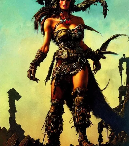 Prompt: mighty princess of the wasteland, scrap metal headdress, ominous ruins, strong line, deep color, cloudy sky, beautiful! coherent! by brom, by frank frazetta,