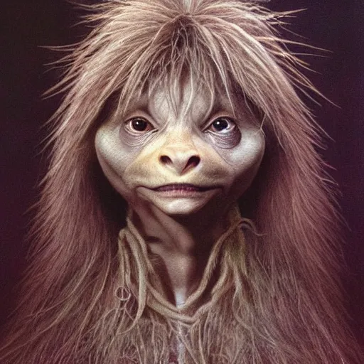 Image similar to head and shoulders portrait of ren from the dark crystal, incredibly detailed, hyperrealism, highly textured, award winning god rays