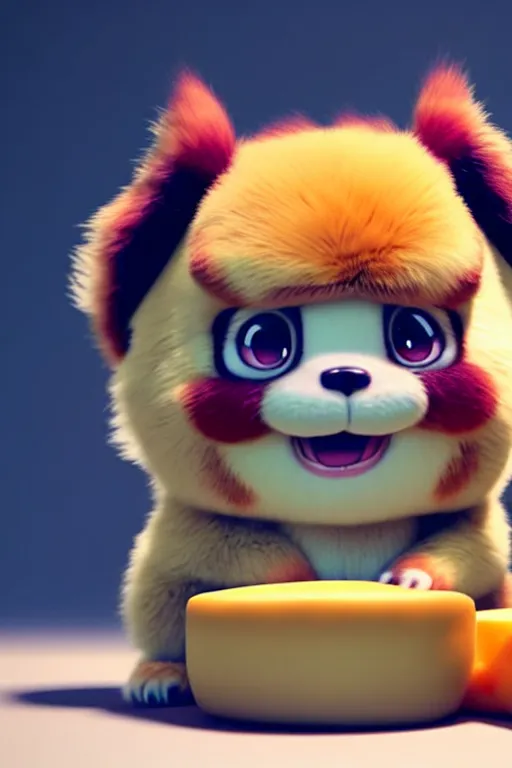 Image similar to high quality 3 d render hyperrealist fluffy very cute pastel grumpy dragon & red panda hybrid eating cheese, vray smooth, in the style of detective pikachu, very dramatic light, low angle, uhd 8 k, shallow depth or field