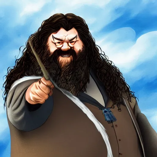 Prompt: Digital art of Hagrid from Harry Potter dabbing while zooming through the stratosphere, trending on ArtStation
