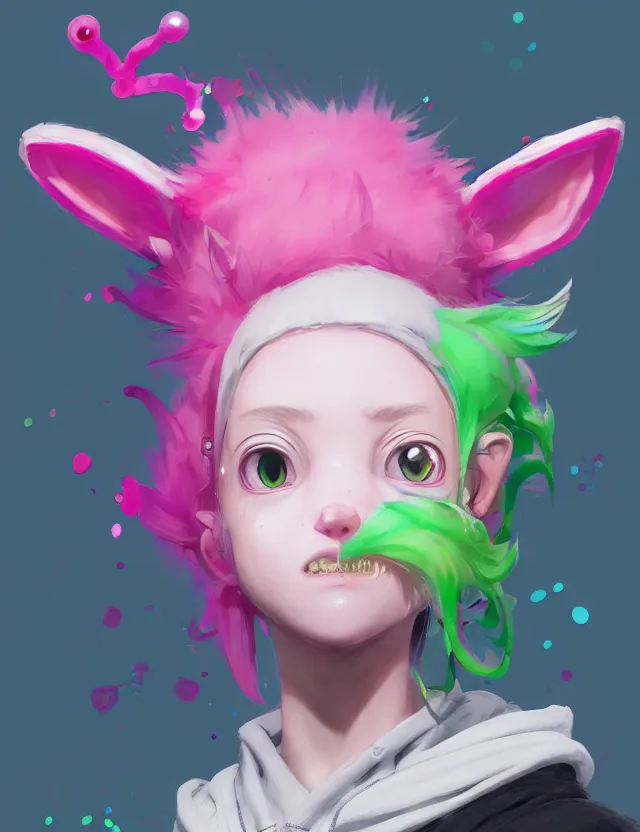 Image similar to a beautiful headshot portrait of a cute splatoon anime male with pink hair and pink wolf ears green eyes piercings wearing a hoodie. character design by cory loftis, fenghua zhong, ryohei hase, ismail inceoglu and ruan jia. artstation, volumetric light, detailed, photorealistic, fantasy, rendered in octane