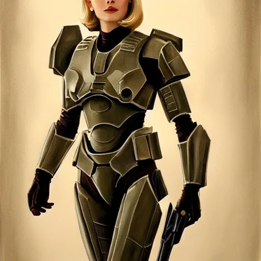 Image similar to A combination of Grace Kelly's and Emma Watson's and Ashley Greene's appearances with blonde hair wearing Master Chief's armor, full body portrait, D&D, fantasy, intricate, elegant, highly detailed, digital painting, artstation, concept art, matte, sharp focus, illustration, art by Donato Giancola and James Gurney