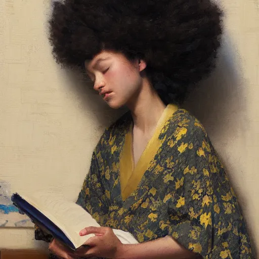 Image similar to girl with afro with a comb in it, in kimono, backview, sitting on edge of bed, reading a book, by jeremy lipking, tim rees, joseph todorovitch