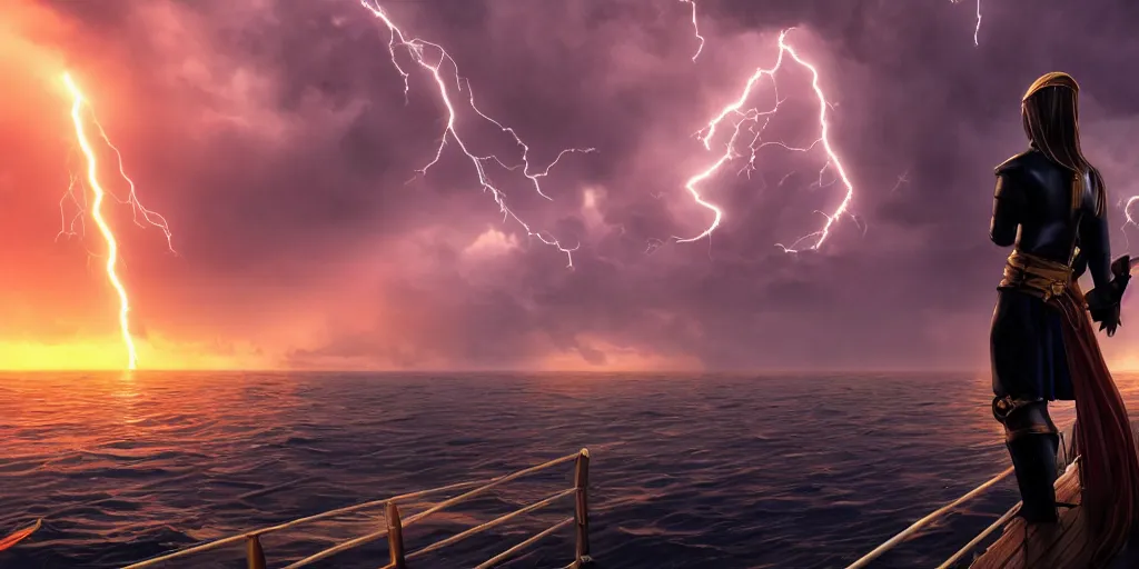 Prompt: epic medieval woman ship pilot standing at the bow of a ship at sea from behind, dramatic dark glowing golden neon sunset with thick wall of lightning storm clouds and violent seas, hairstyle with side part, dynamic lighting, hyperrealistic, hd 4 k, artstation