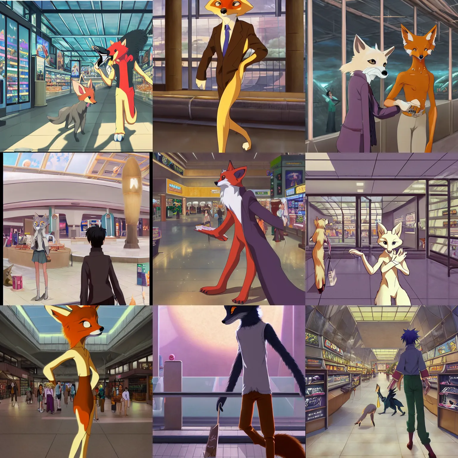 Image similar to anthro art commission of an anthropomorphic natural furry ( ( fox ) ) person shopping at a futuristic mall, photorealistic, key anime art, makoto shinkai, james gurney, don bluth, disney!!!!, hibbary, dark natasha, goldenwolf, furaffinity, fursona, greg rutkowsi