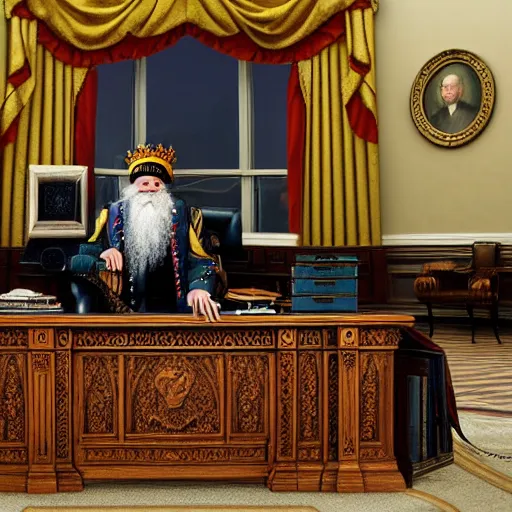 Image similar to professional portrait of Vermin Supreme sitting in the oval office desk, 8k, very intricate, very detailed, cinematic,