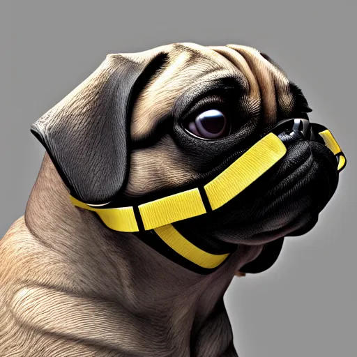 Prompt: 3 d rendered hyper realistic hyper detailed pug wearing a shiny leather gimp mask with zippers covering its face, octane render, blender, 8 k