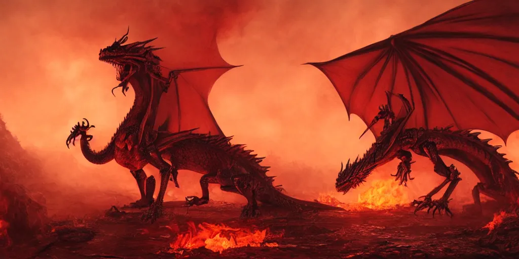 Prompt: a dragon born on the flames, post - war scenery, red - toned mist, epic environment, skeletons, ultra wide angle, 8 k, ultra _ realistic, art by nills ham and alan lee