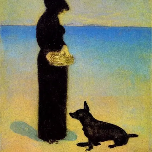 Prompt: a woman and her black chihuahua by the sea odilon redon