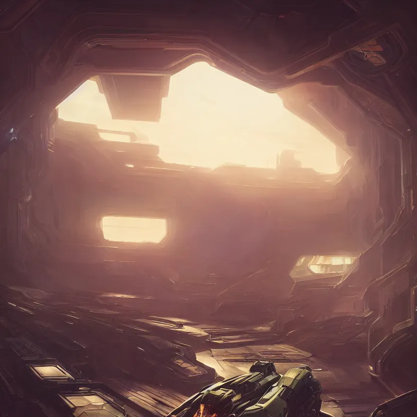 Image similar to halo 3 interiors, beautiful lighting, vivid colors, intricate, elegant, smooth, sharp focus, highly detailed digital painting, concept art, cinematic, unreal engine, 4 k wallpaper, art by syd mead, terada katsuya, atey ghailan, svetlin velinov, cgsociety, artstation trending