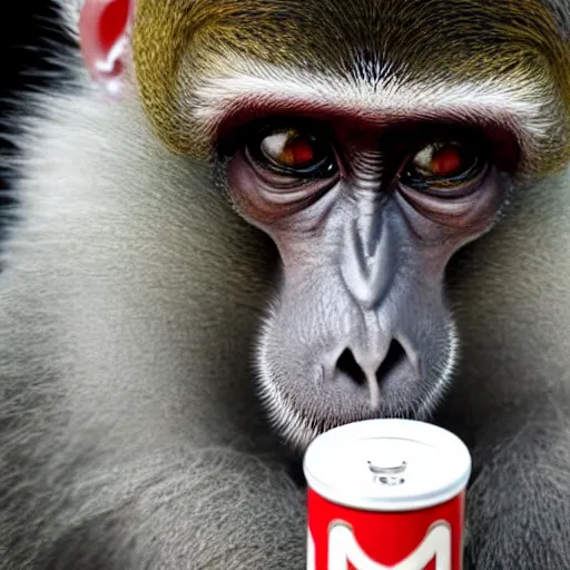 Image similar to monkey drinking monster energy, high quality photo