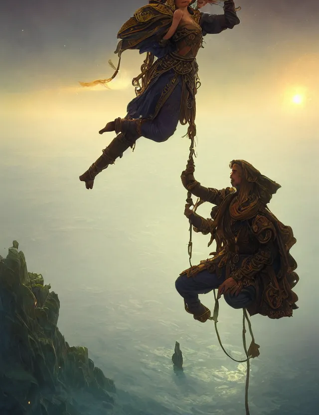 Image similar to photography alexey gurylev, on a tightrope over the abyss, serene, lunar, deep focus, d & d, fantasy, complex, elegant, highly detailed, digital painting, artstation, concept art, matte, clear focus, illustration, hearthstone, artgerm art, greg rutkovsky and alphonse mucha