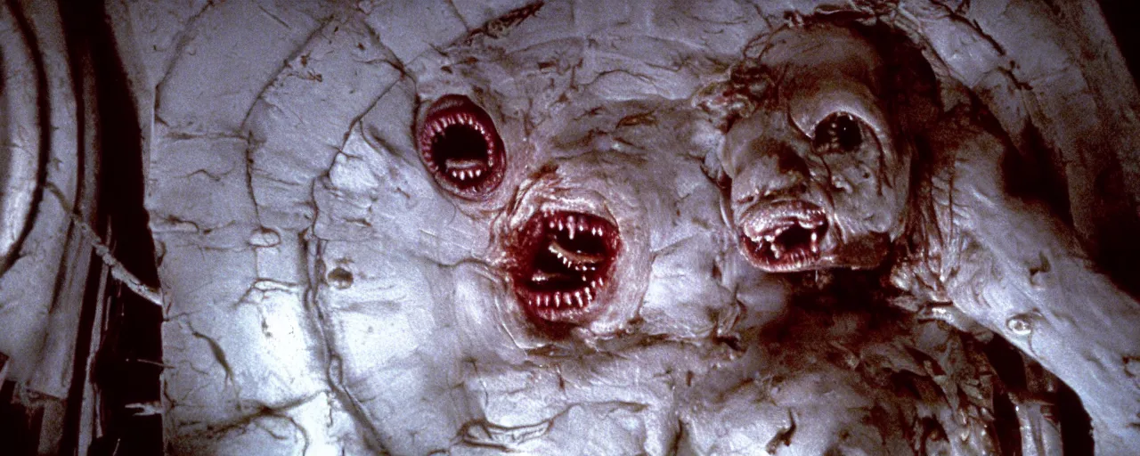 Image similar to filmic extreme wide shot movie still 4k UHD interior 35mm film color photograph of a a detached snarling distorted deformed human head protruding out of a mutated abstract shape shifting organism made of human internal organs, in the style of a horror film The Thing 1982