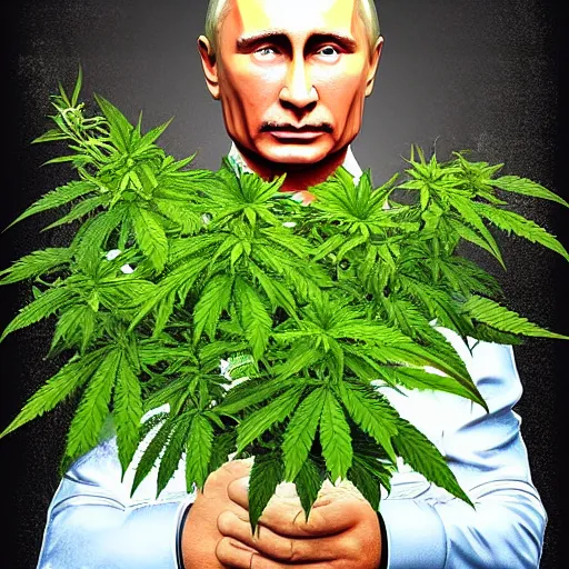 Image similar to Vladimir Putin holding a giant marijuana plant, detailed face, realistic face, amazing digital art, highly detailed, trending on artstation