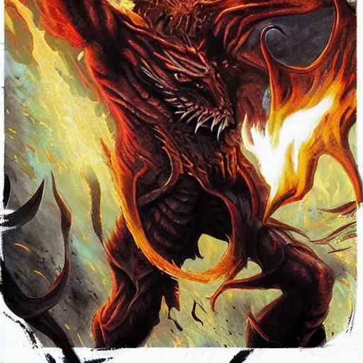 Image similar to magic the gathering koth bringer of fire - art by matt cavotta