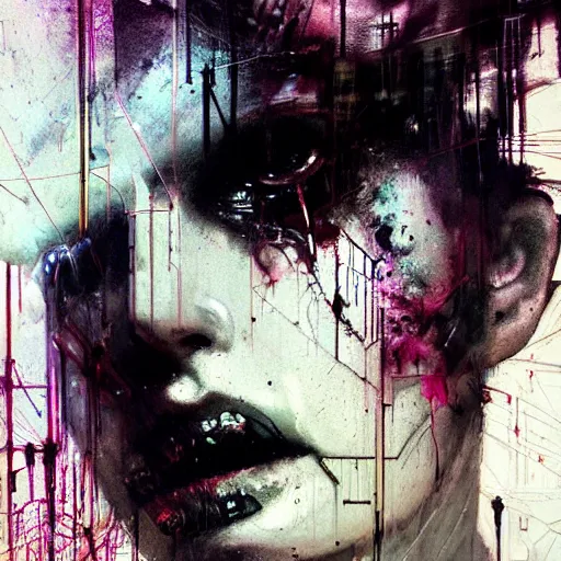 Prompt: a dark cyberpunk dream of wires broken skulls skin cybernetic machines and decay moody hyperrealism 8 k photo atmospheric by jeremy mann, francis bacon and agnes cecile, ink drips paint smears digital glitches glitchart