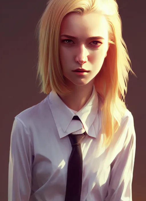 Image similar to ultradetailed beautiful panting of a stylish young woman wearing a shirt with a tie, dramatic, she has blond hair, distressed, volumetric light, by greg rutkowski, ilya kuvshinov, james jean, makoto shinkai, on artstation