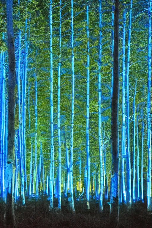 Image similar to A forest of glowing blue trees at night