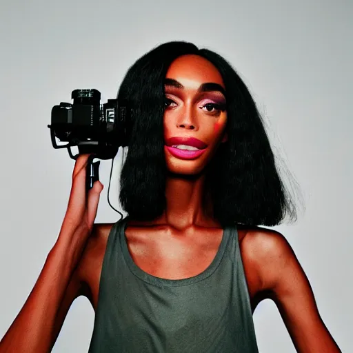 Image similar to realistic photoshooting for a new nike lookbook, vhs colour photography, portrait of model Winnie Harlow woman, in style of Tyler Mitchell, 35mm,