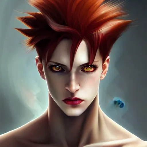 Prompt: portrait of hisoka morow hunter hunter, male, very thin pursed lips extremely sharp jaw yellow eyes narrow almond eyes sultry eyes dark red hair soft hair swept back crimson hair ticked lips anime, elegant, highly detailed, digital painting, artstation sharp focus, madonna bowie art by artgerm and greg rutkowski and alphonse mucha