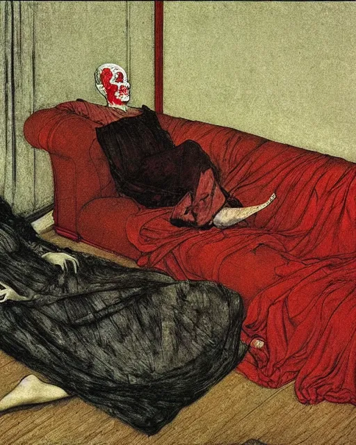 Prompt: an old dead couple sitting on an old couch in an old apartment next to fire place,  Francisco Goya painting, part by Beksiński and EdvardMunch. art by Takato Yamamoto, Francis Bacon masterpiece